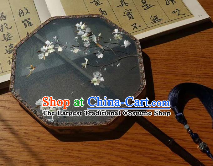 China Embroidery Pear Blossom Double Side Fan Ancient Court Lady Fans Handmade Traditional Embroidered Black Silk Palace Fan
