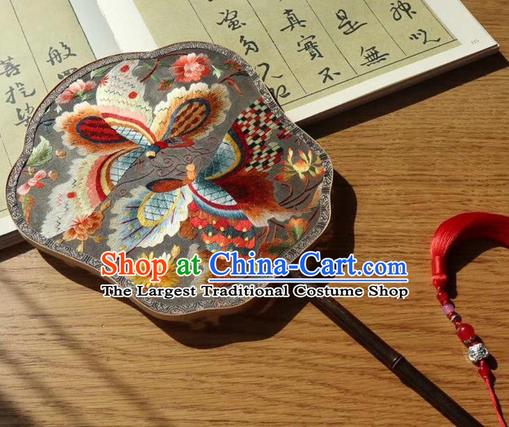 China Handmade Traditional Embroidered Palace Fan Embroidery Butterfly Double Side Fan Ancient Court Lady Grey Silk Fans