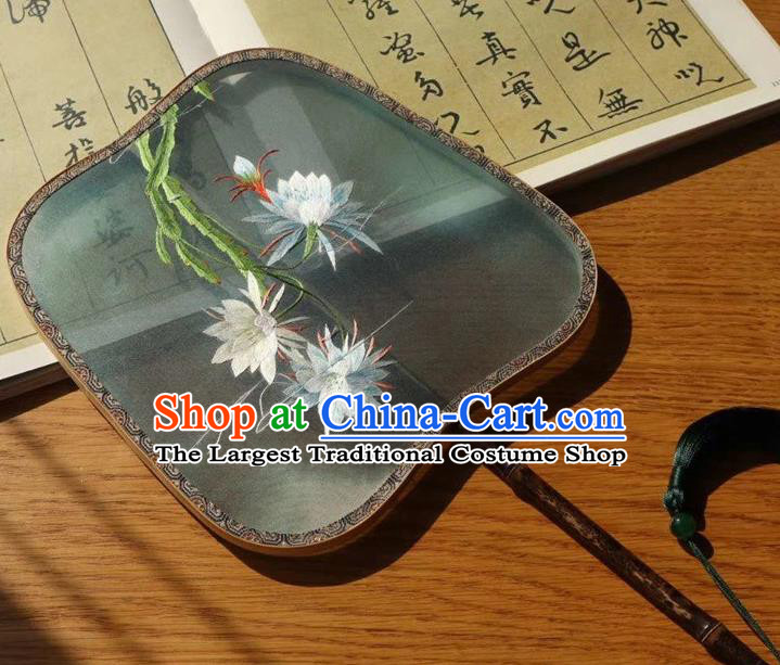 China Handmade Ancient Court Lady Green Silk Fans Traditional Embroidered Palace Fan Embroidery Epiphyllum Double Side Fan