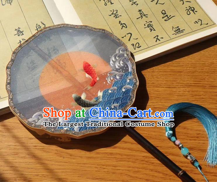 China Traditional Embroidered Palace Fan Handmade Embroidery Wave Carps Double Side Silk Fan Princess Fan