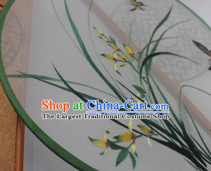 China Handmade Embroidery Orchids Double Side Silk Fan Princess Fan Traditional Embroidered Palace Fan