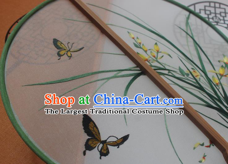 China Handmade Embroidery Orchids Double Side Silk Fan Princess Fan Traditional Embroidered Palace Fan