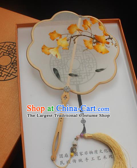 China Embroidery Ginkgo Leaf Double Side Fan Handmade Princess Silk Fans Traditional Embroidered Palace Fan