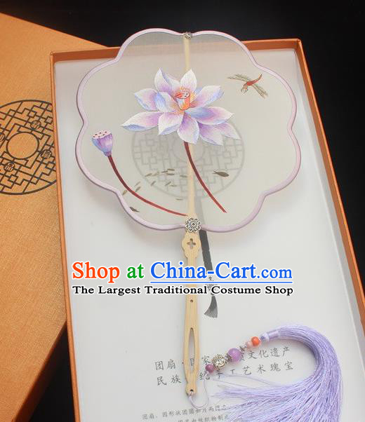 China Classical Embroidery Lilac Lotus Pattern Silk Fan Traditional Embroidered Palace Fan Ancient Handmade Princess Double Side Fan