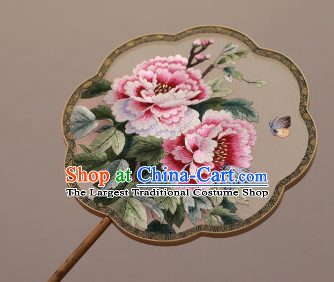 China Embroidery Peony Palace Fan Classical Silk Fan Handmade Double Side Embroidered Fan Traditional Court Fan