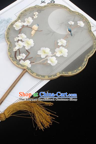 China Embroidery Plum Blossom Palace Fan Handmade Double Side Embroidered Fan Classical Dance Fan Traditional Court Grey Silk Fans