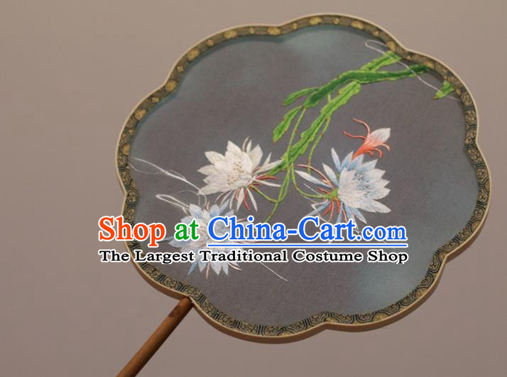 China Classical Dance Black Silk Fan Handmade Double Side Embroidered Fan Embroidery Epiphyllum Palace Fan