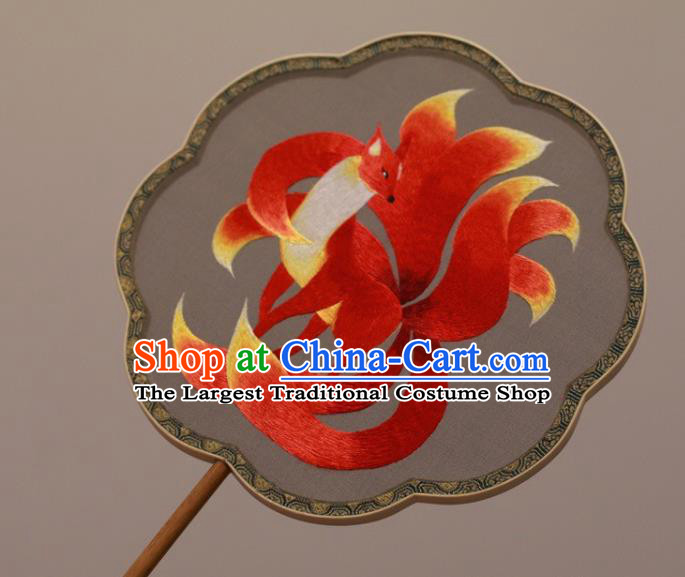 China Handmade Double Side Embroidered Fan Classical Dance Embroidery Red Fox Palace Fan Silk Fan
