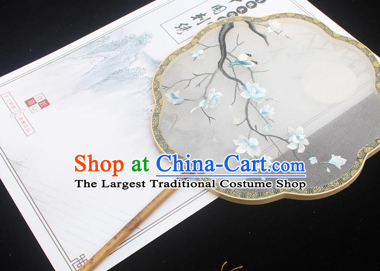 China Traditional Classical Dance Embroidery Silk Fan Handmade Palace Fan Embroidered Mangnolia Fan
