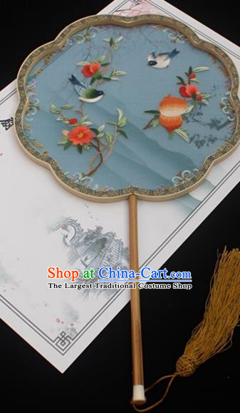 China Classical Blue Silk Palace Fan Handmade Embroidery Fan Traditional Court Fan Double Side Embroidered Fan