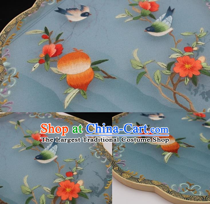 China Classical Blue Silk Palace Fan Handmade Embroidery Fan Traditional Court Fan Double Side Embroidered Fan