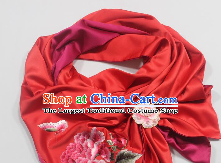 Chinese Embroidered Butterfly Peony Red Silk Scarf with Brooch Cheongsam Collar Accessories