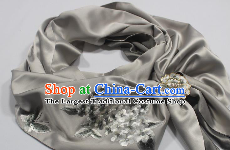 Chinese Embroidered Plum Blossom Grey Silk Scarf Traditional Cheongsam Accessories Top Grade Tippet with Brooch