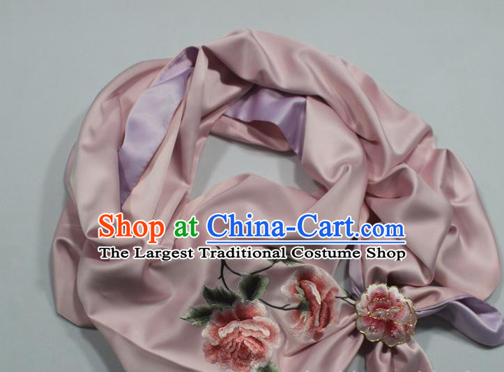 Pink Silk Tippet with Brooch Chinese Traditional Cheongsam Accessories Top Grade Embroidered Peony Butterfly Scarf