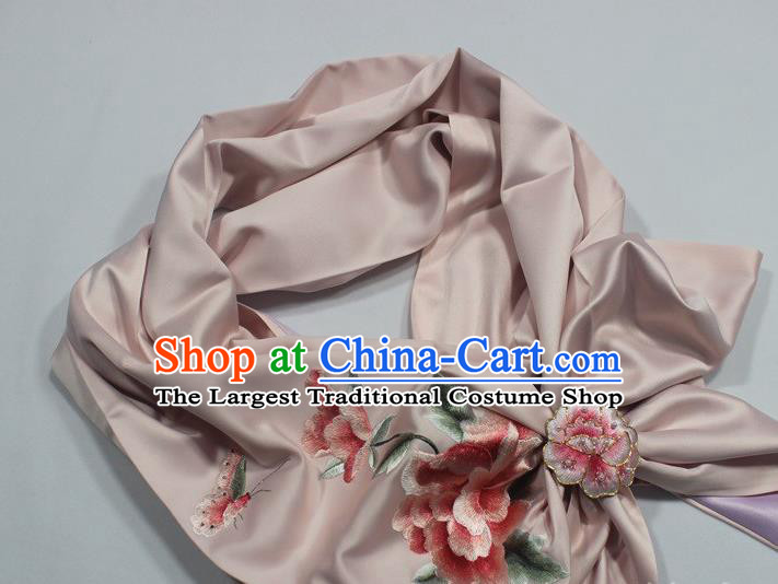 Champagne Silk Tippet Chinese Traditional Cheongsam Accessories Top Grade Embroidered Peony Scarf with Brooch