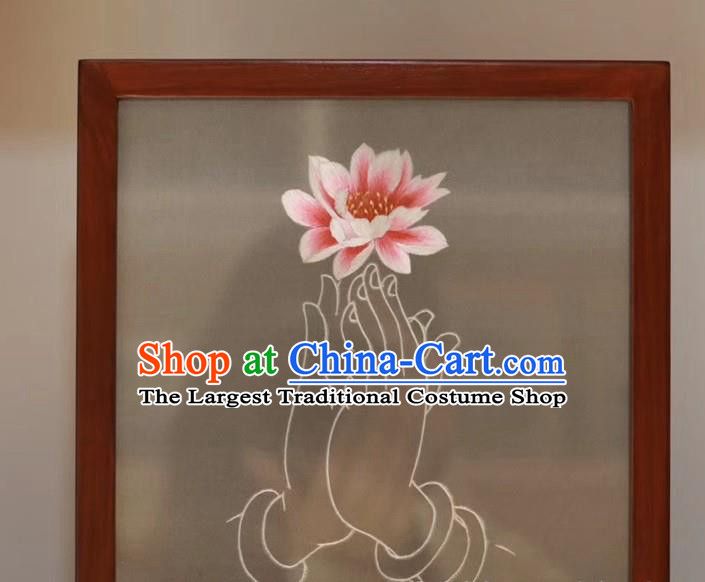 Traditional China Handmade Embroidery Lotus Desk Screen Rosewood Table Decoration