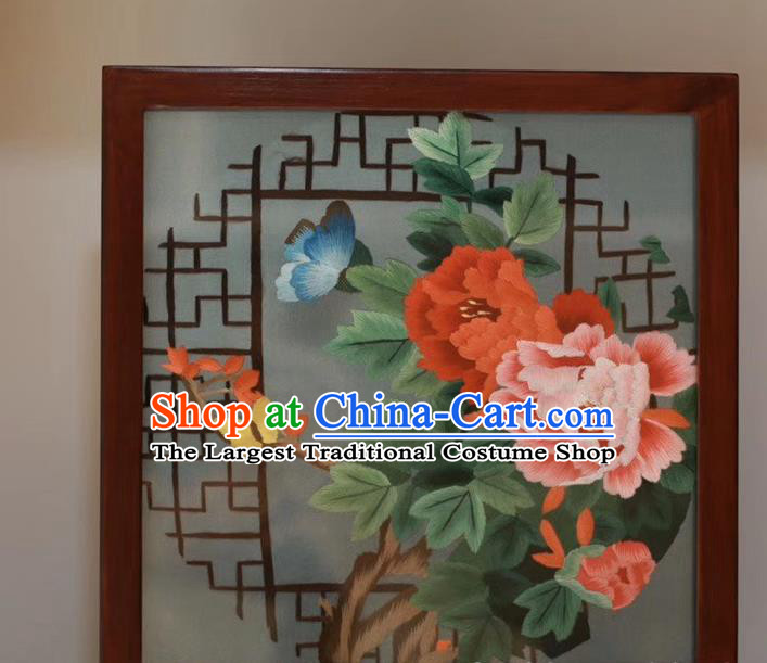 Traditional China Embroidery Peony Butterfly Desk Screen Wedding Craft Handmade Rosewood Table Decoration