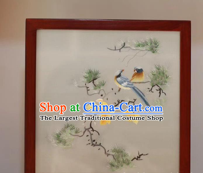 China Handmade Rosewood Table Decoration Traditional Wedding Craft Embroidery Pine Birds Desk Screen