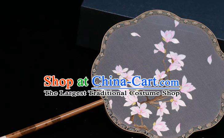 Classical Dance Embroidery Yulan Magnolia Fan Grey Silk Fan China Traditional Handmade Embroidered Palace Fan