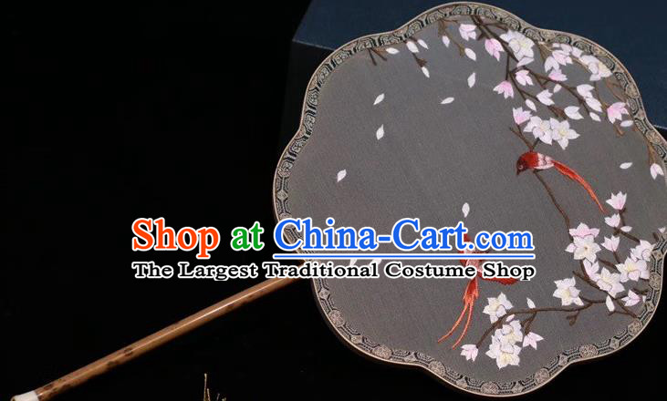 Classical Dance Embroidery Magnolia Birds Fan China Traditional Handmade Embroidered Palace Fan Grey Silk Fan