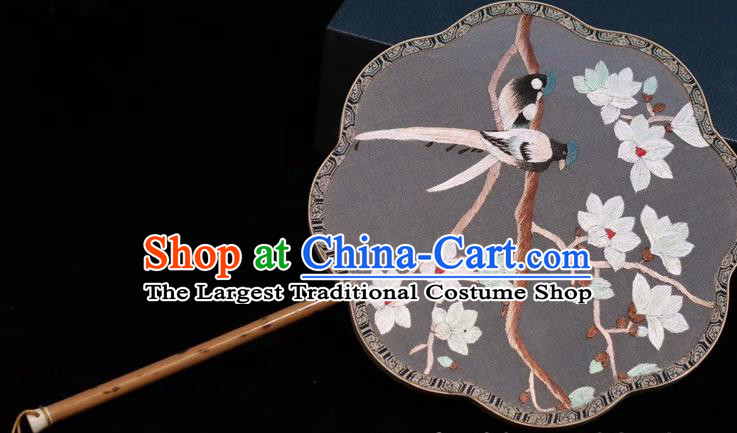 China Handmade Classical Dance Embroidery Mangnolia Fan Traditional Grey Silk Fan Embroidered Palace Fan