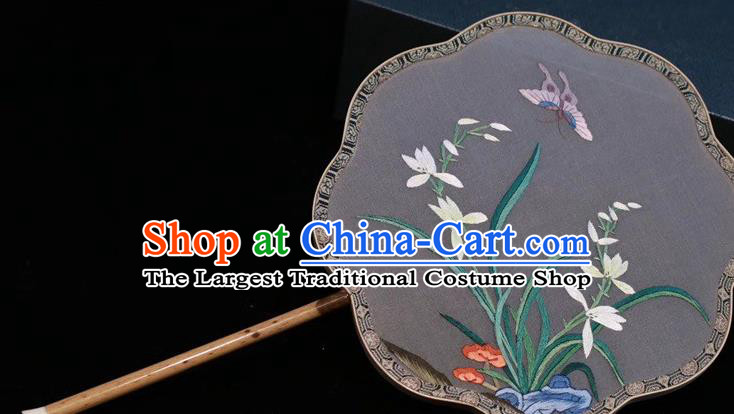 China Handmade Classical Dance Grey Silk Fan Traditional Embroidered Palace Fan Embroidery Orchids Fan