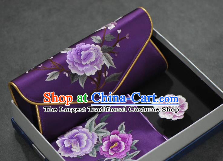 Chinese Traditional Suzhou Embroidery Peony Accessories Embroidered Purple Silk Scarf and Handbag Brooch