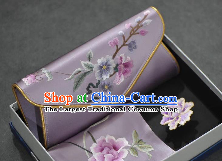 Chinese Traditional Suzhou Embroidery Cheongsam Accessories Embroidered Lilac Silk Scarf and Handbag Brooch Set