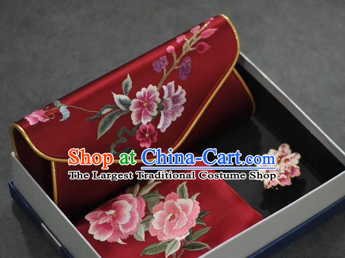 Gift Package Chinese Suzhou Embroidery Cheongsam Accessories Traditional Embroidered Wine Red Silk Scarf Handbag and Brooch