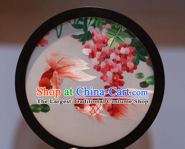 China Desk Screen Traditional Rosewood Carving Table Decoration Handmade Double Side Embroidery Goldfish Craft