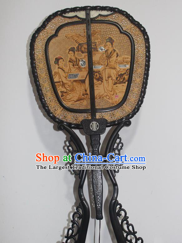 China Handmade Court Lady Pattern Rosewood Carving Fan Traditional Palace Fan Table Decoration