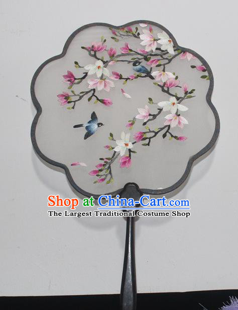 Handmade Embroidery Flowers Bird Dance Fan China Rosewood Embroidered Palace Fan Traditional Double Side Silk Fan