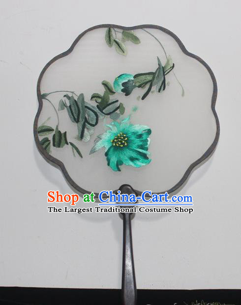 Traditional Dance Double Side Silk Fan Handmade Embroidery Green Flowers Fan China Rosewood Embroidered Palace Fan
