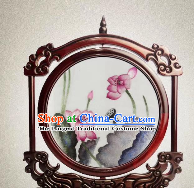 China Embroidered Lotus Desk Screen Traditional Double Side Suzhou Embroidery Craft Handmade Rosewood Decoration