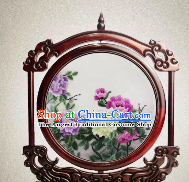 China Double Side Suzhou Embroidery Craft Traditional Embroidered Peony Painting Desk Screen Handmade Rosewood Decoration