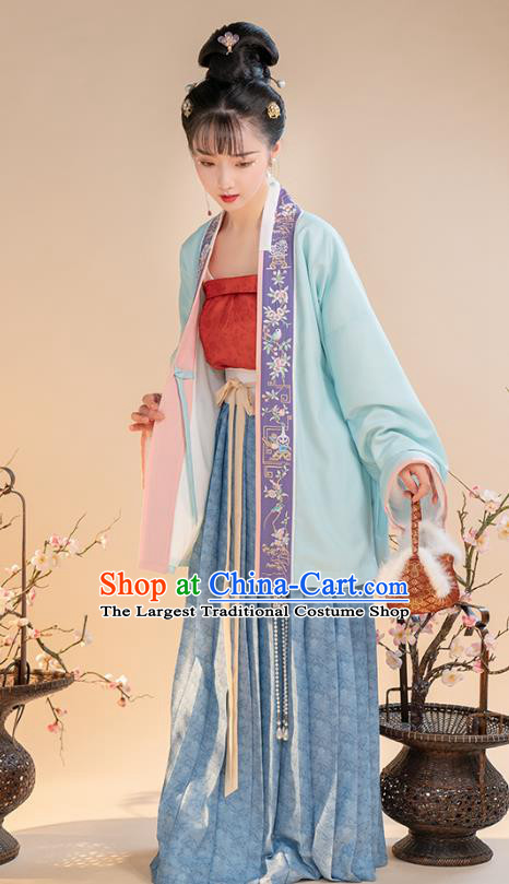 China Ancient Song Dynasty Nobility Female Hanfu Clothing Embroidered Blue Blouse Top and Skirt for Women