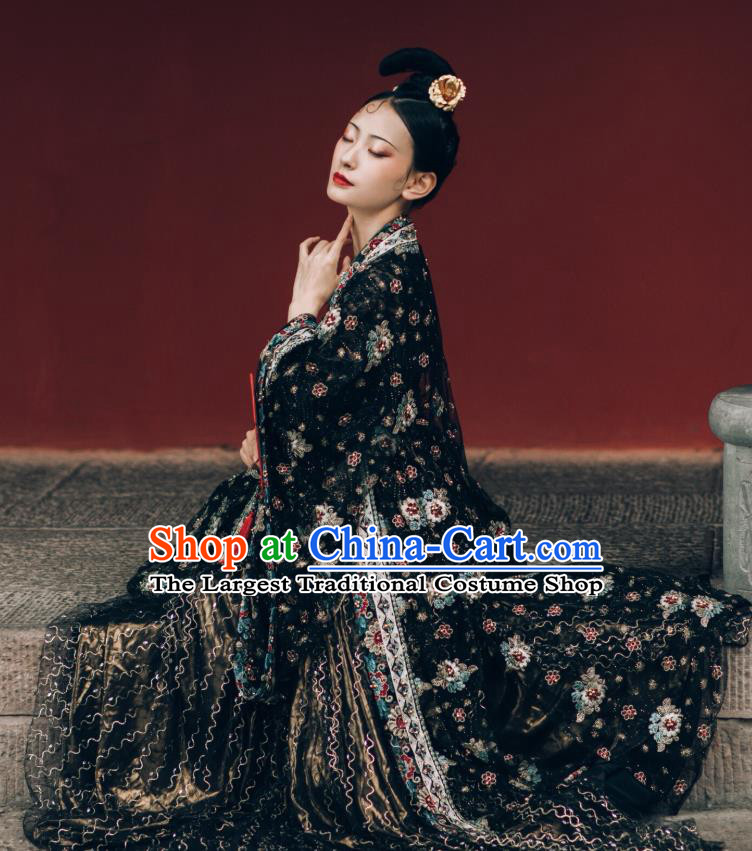 China Ancient Imperial Concubine Black Chiffon Hanfu Dress Traditional Tang Dynasty Historical Costumes Complete Set