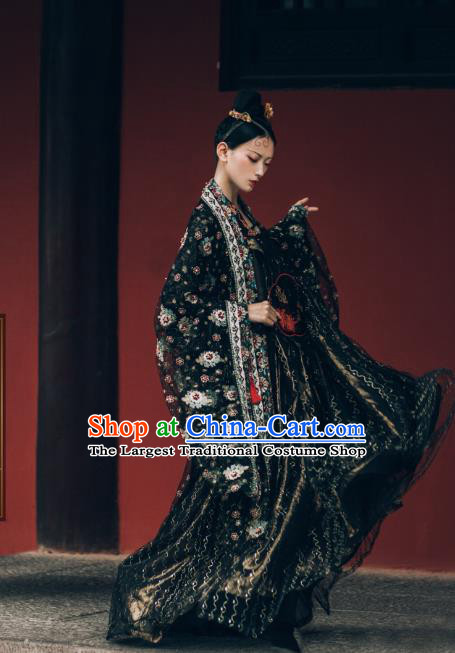 China Ancient Imperial Concubine Black Chiffon Hanfu Dress Traditional Tang Dynasty Historical Costumes Complete Set