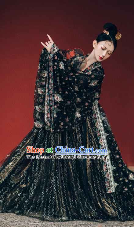 China Ancient Imperial Concubine Black Chiffon Hanfu Dress Traditional Tang Dynasty Historical Costumes Complete Set