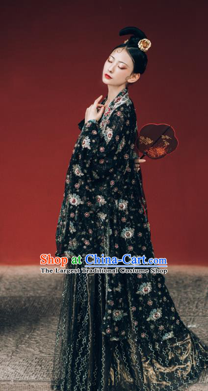 China Ancient Imperial Concubine Black Chiffon Hanfu Dress Traditional Tang Dynasty Historical Costumes Complete Set