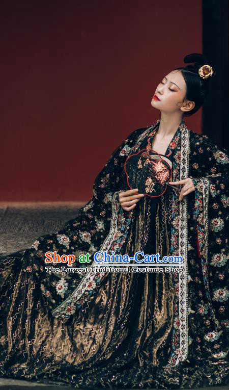 China Ancient Imperial Concubine Black Chiffon Hanfu Dress Traditional Tang Dynasty Historical Costumes Complete Set
