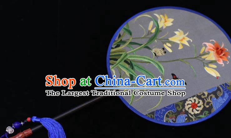 China Handmade Round Fan Ancient Court Dance Embroidered Silk Fans Suzhou Embroidery Orchids Butterfly Palace Fan
