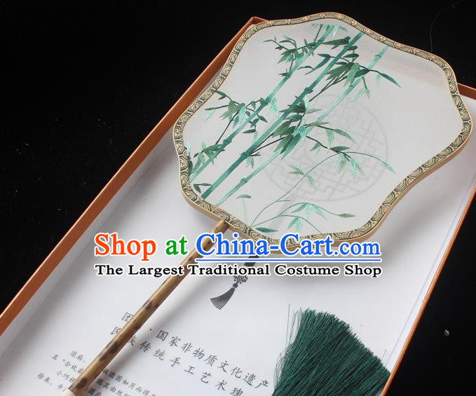 China Classical Dance Embroidered Palm Leaf Fans Suzhou Embroidery Bamboo Palace Fan Handmade Silk Fan