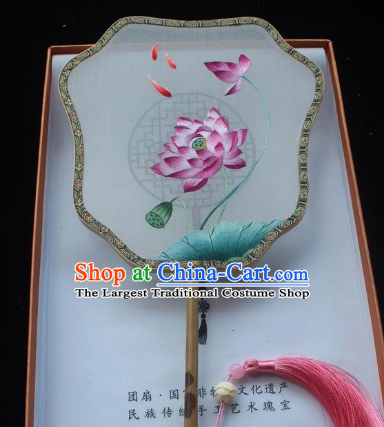 China Handmade Silk Fan Classical Dance Embroidered Palm Leaf Fans Suzhou Embroidery Lotus Palace Fan