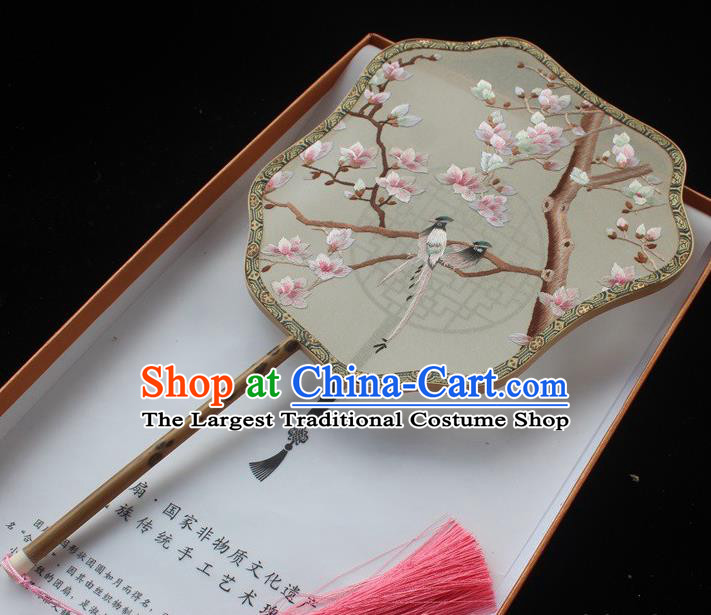 Embroidered Palm Leaf Fans Classical Dance Silk Fan China Handmade Suzhou Embroidery Mangnolia Bird Palace Fan