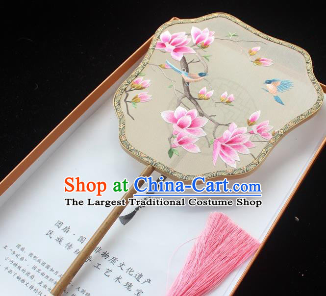 Embroidered Silk Fans China Handmade Suzhou Embroidery Pink Mangnolia Palace Fan Classical Dance Fan