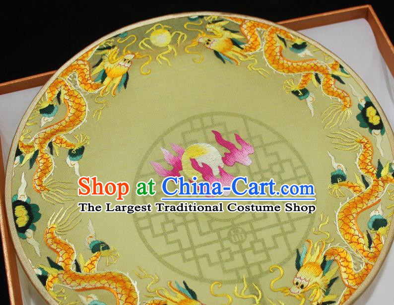 China Handmade Suzhou Embroidery Dragons Fan Embroidered Palace Fan Traditional Hanfu Yellow Silk Fan Round Fan