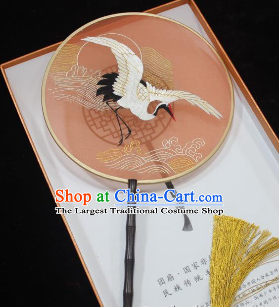 China Embroidered Palace Fan Traditional Hanfu Red Silk Fan Round Fan Handmade Suzhou Embroidery Crane Fan