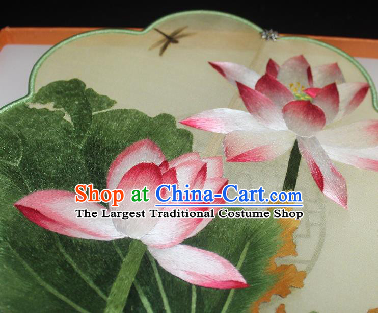 China Embroidered Dance Fan Handmade Suzhou Embroidery Lotus Palace Fan Green Silk Fan Traditional Hanfu Fan