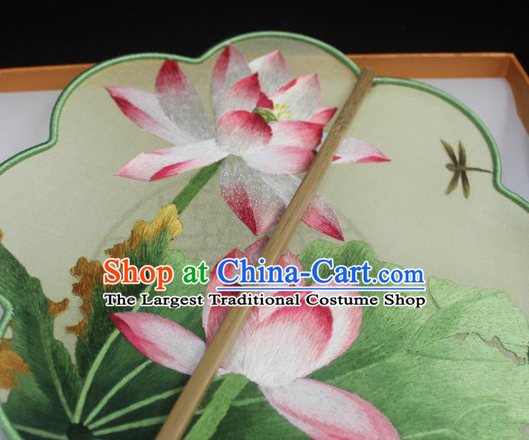 China Embroidered Dance Fan Handmade Suzhou Embroidery Lotus Palace Fan Green Silk Fan Traditional Hanfu Fan